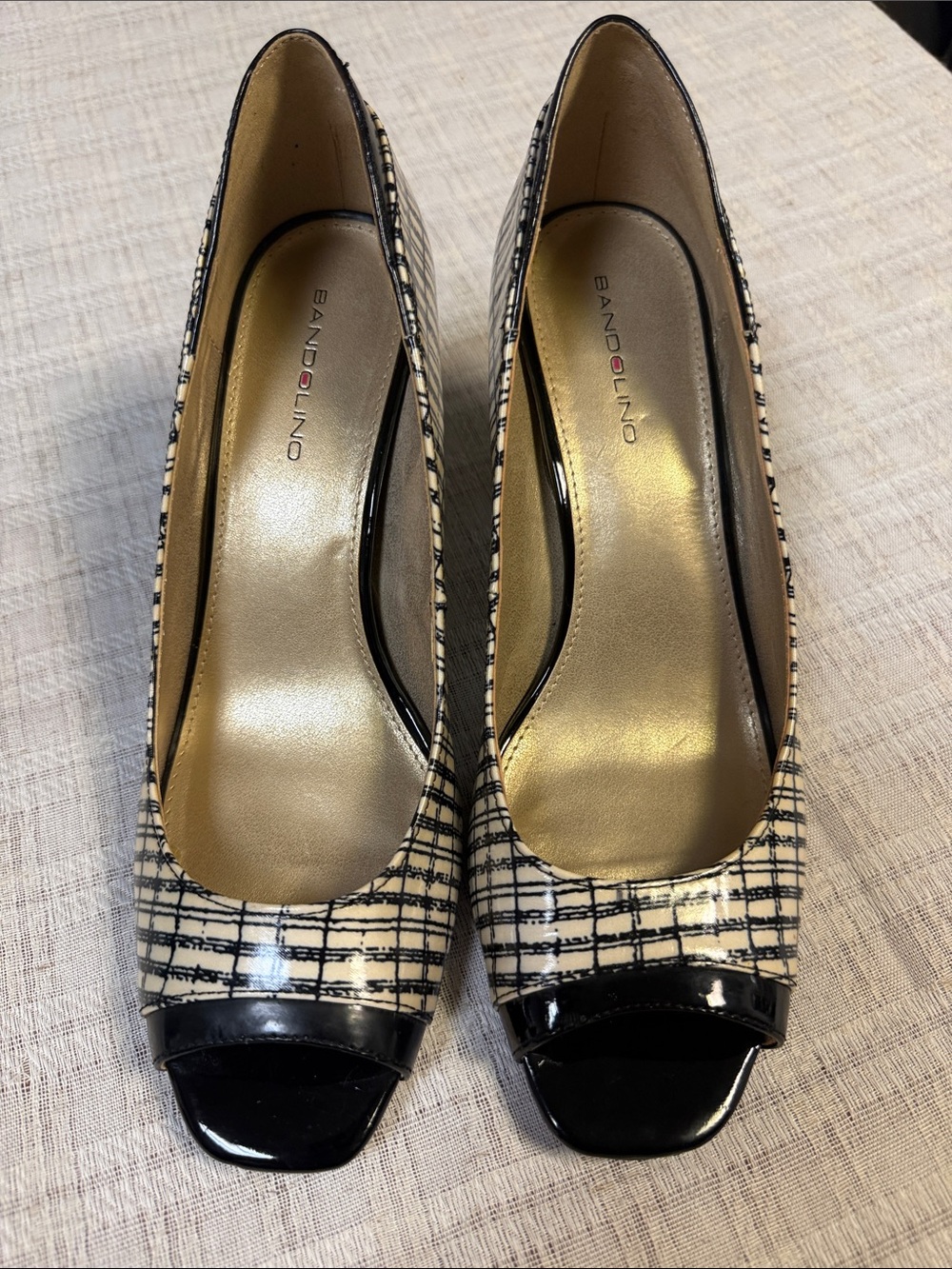 Bandolino Cream Plaid Peep Toe Heels with Black Patent Caps